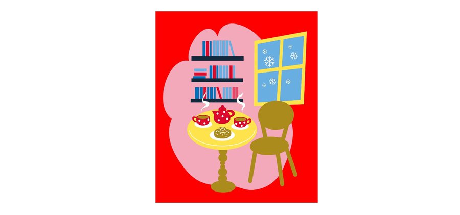 illustration av ett rum med ett bord, en stol, en bokhylla och ett fönster.