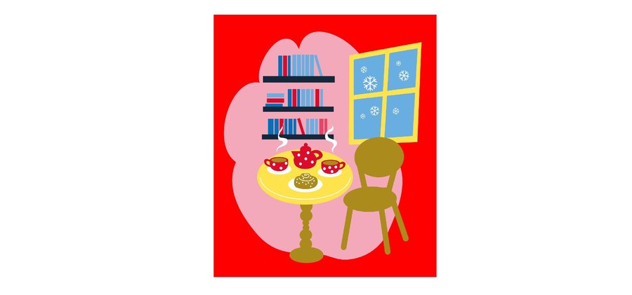illustration av ett rum med ett bord, en stol, en bokhylla och ett fönster.