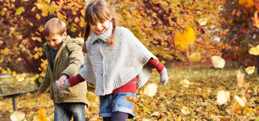 Children playing in autumn leaves