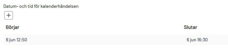 Fält för att ange datum och tid för en kalenderhändelse i Episerver. 