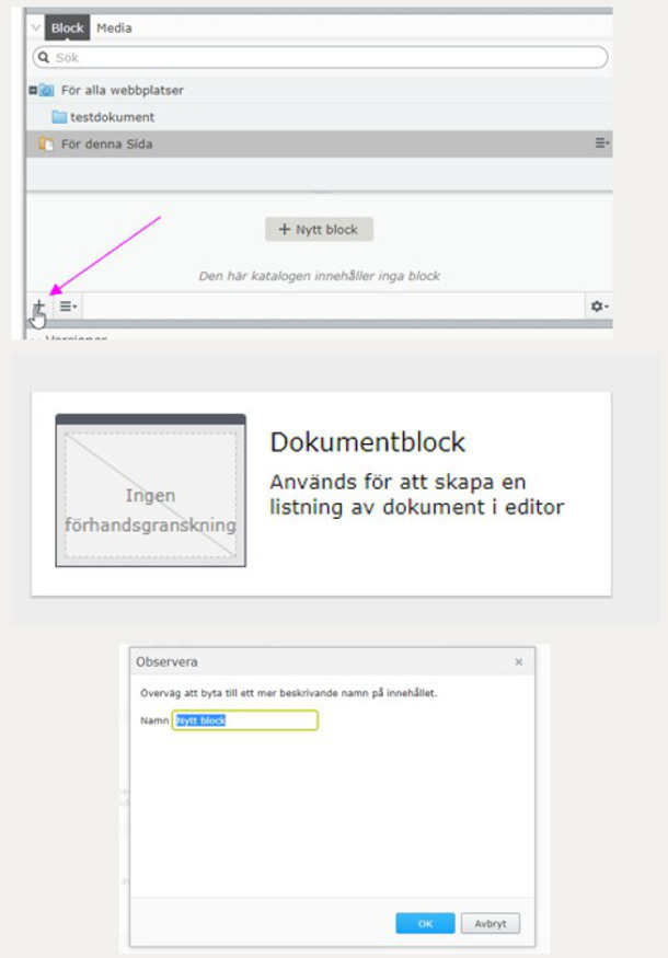 Instruktion för att skapa dokumentblock i Episerver.