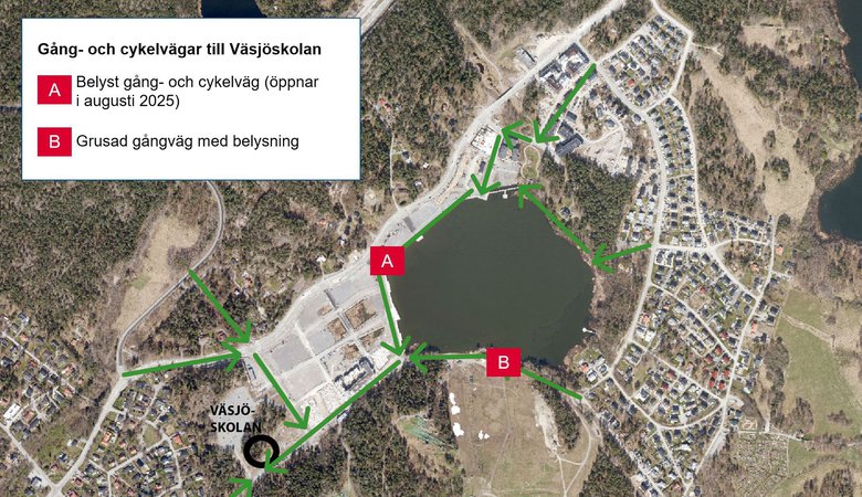Karta över gång- och cykelvägar till Väsjöskolan.