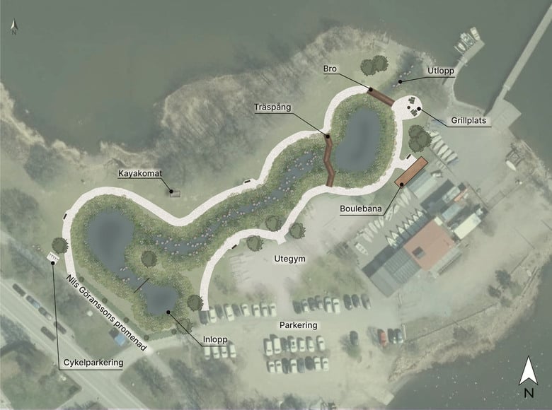 Illustration dagvattendamm och park vid Segeludden i Sollentuna. Anläggs 2026