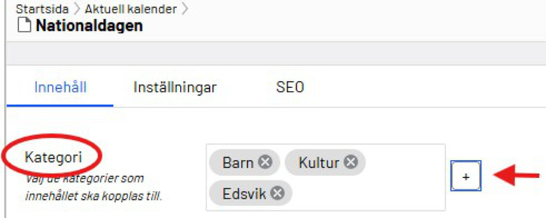 Skärmklipp från en kalendersida i Episerver. Under fliken "Innehåll" visas kategorifältet med valda taggar