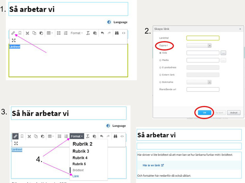 Steg-för-steg-bilder som visar hur man skapar en länk i Episerver.