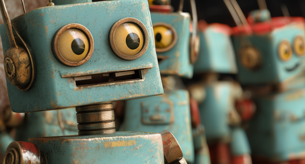 En grupp blå robotar som står bredvid varandra.