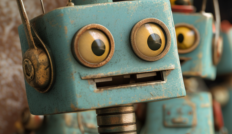 En grupp blå robotar som står bredvid varandra.