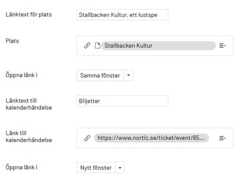 Inställningar för plats och länk i en kalenderhändelse i Episerver.