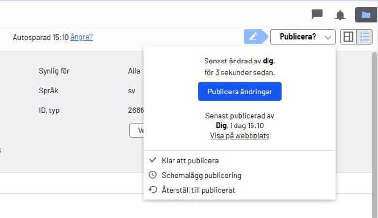 Publiceringsalternativ i Episerver: publicera, schemalägg eller återställ.