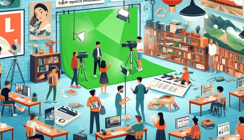 En grupp människor i ett rum med en green screen.