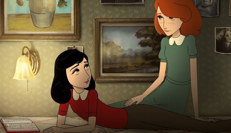 Tecknad bild från filmen Var är Anne Frank, visar Anne och vännen Kitty.