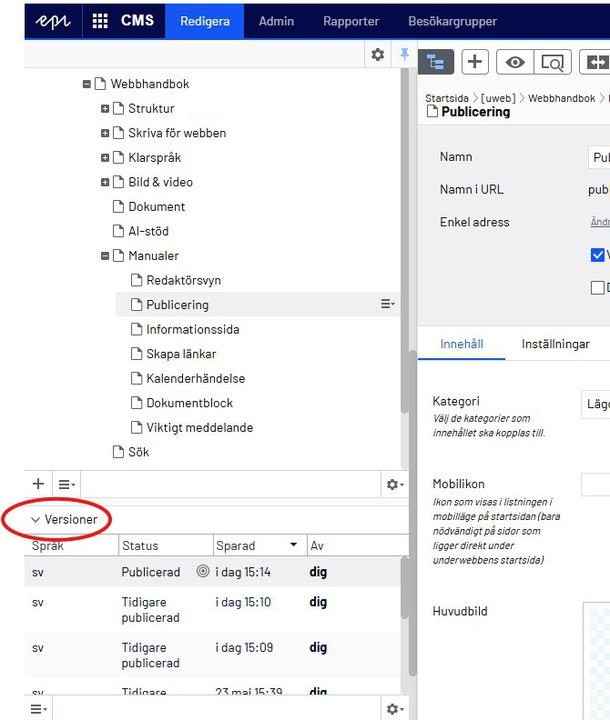 Versionshistorik i Episerver med lista över sparade utkast och publicerade versioner.