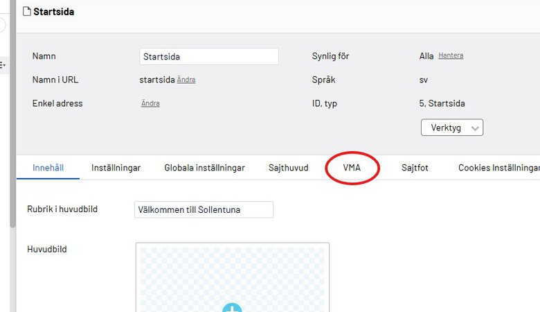 Redigeringsvy för startsidan. Fliken "VMA" är markerad i menyraden ovanför inställningarna.